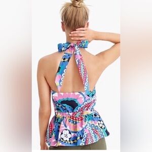 J. Crew Ratti Kaleidoscope Peplum Cotton Halter Top Pink & Black Multi Colored L
